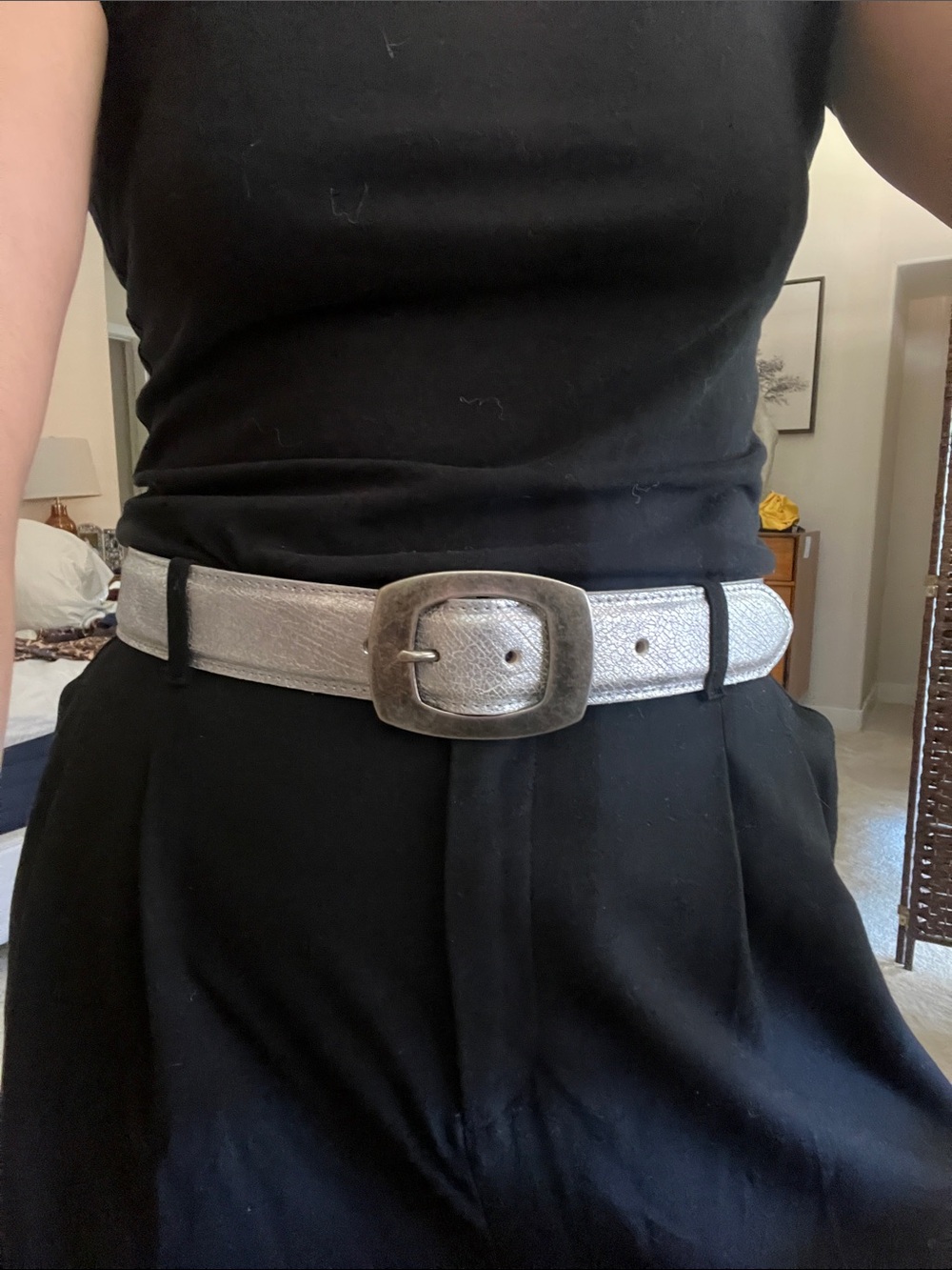 Streets Ahead Silver Metallic Leather Belt with Antiqued Buckle